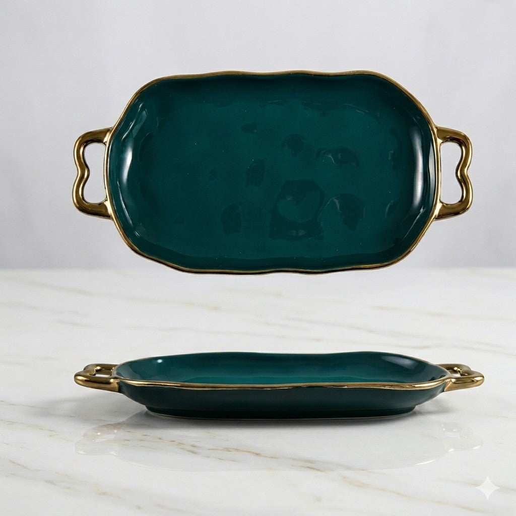 Luxurious Emerald Ceramic Serving & Bake Dish with Golden Trim
