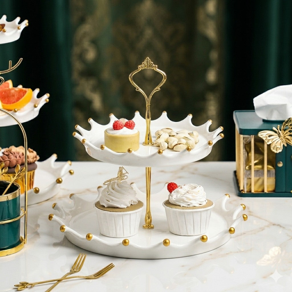 Elegant Two-Tier Porcelain Cake Stand with Iron Accents