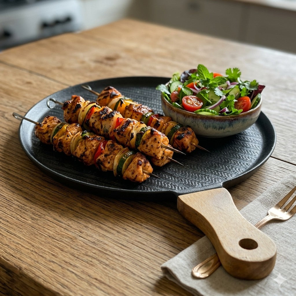 Round Bakeware Serving Dish with Natural Wood Handle
