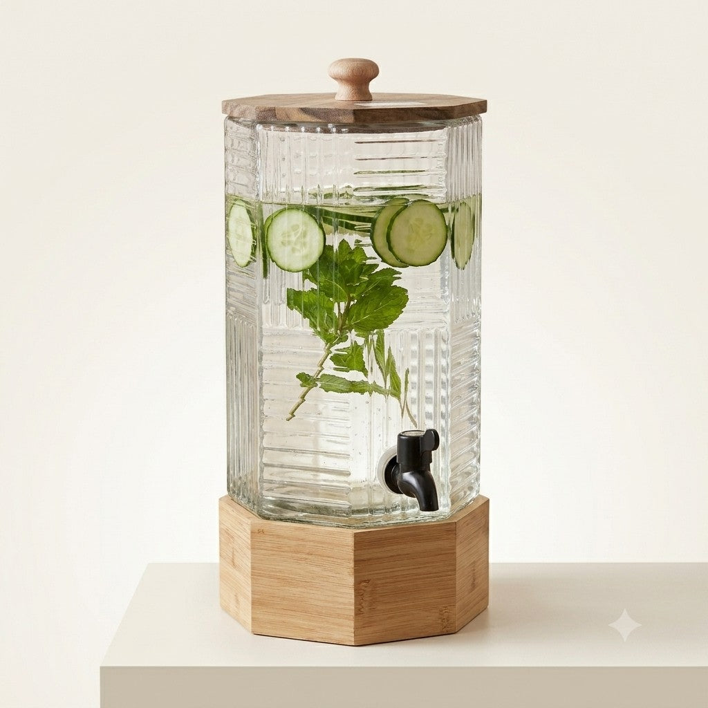 Elegant Glass Beverage Dispenser with Wooden Stand