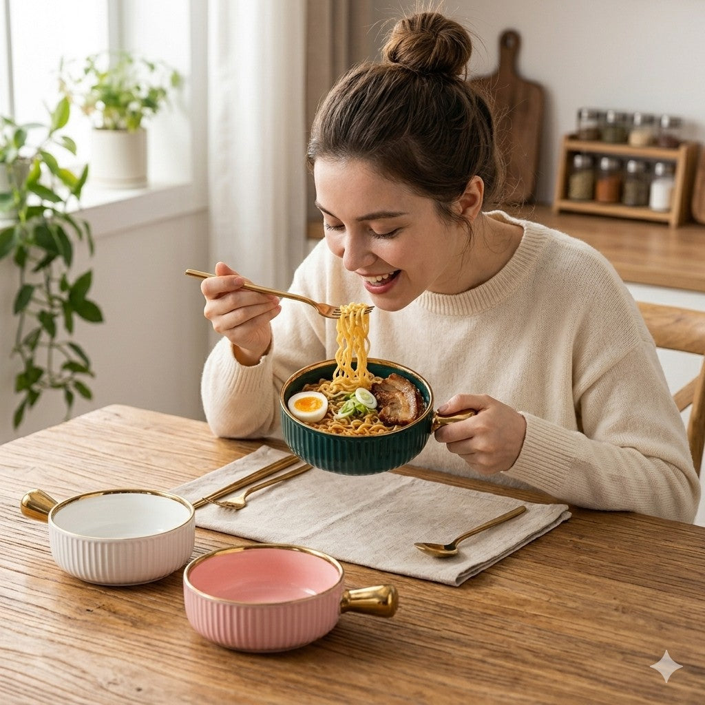 Elegant Ivory Fluted Ceramic Noodle & Snack Bowls