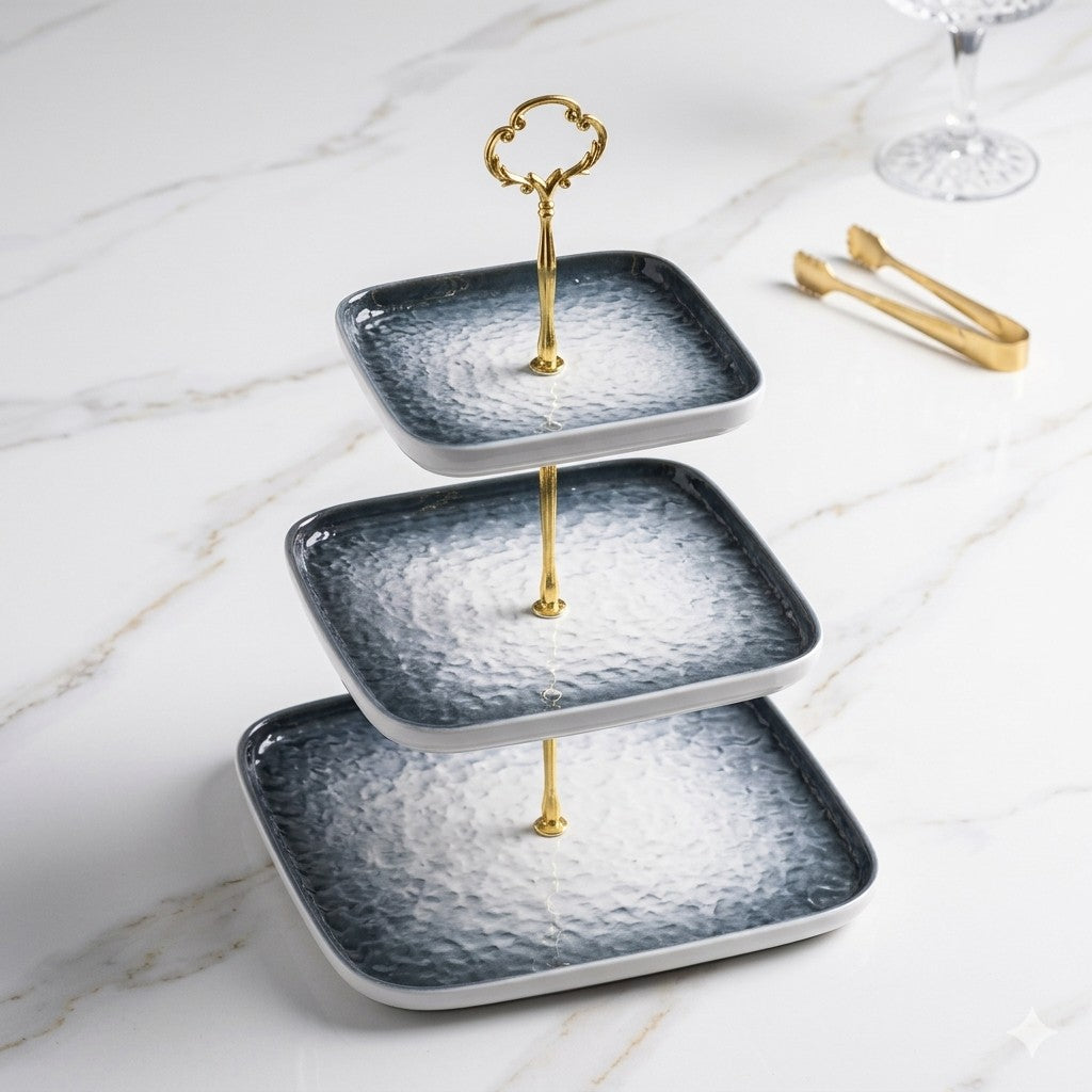 Elegant Two-Tier Porcelain Cake Stand with Iron Accents