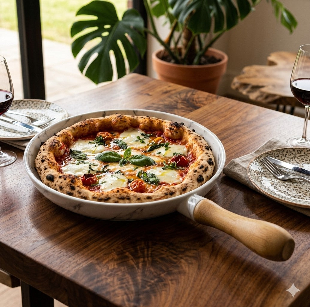 Nordic Marble-Finish Ceramic Pizza & Bake Pan with Wooden Handle