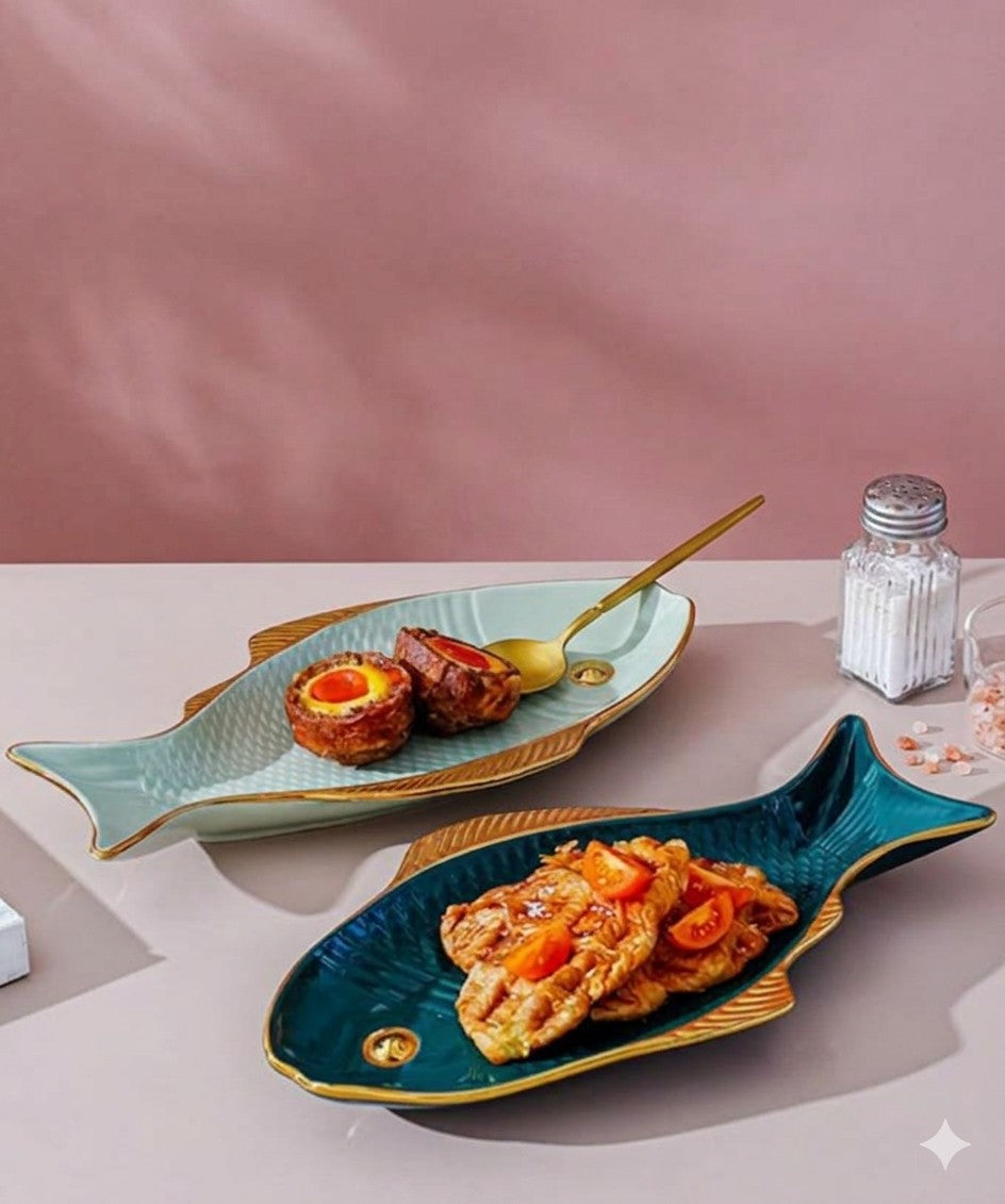 Exquisite Fish-Shaped Ceramic Serving Platter with Golden Accents