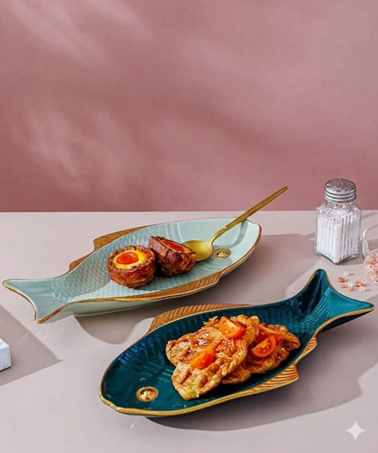 Exquisite Fish-Shaped Ceramic Serving Platter with Golden Accents