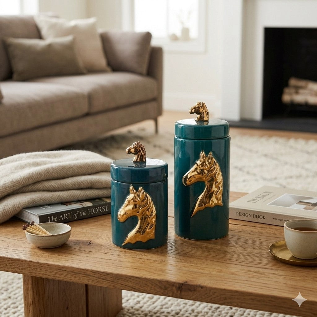 Regal Horse Ceramic Canister Set – Set of 2 (Teal & Gold)