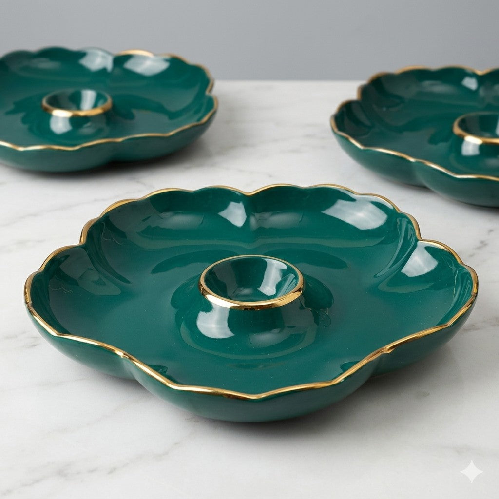 Emerald Ceramic Serving Dish with Golden Trim