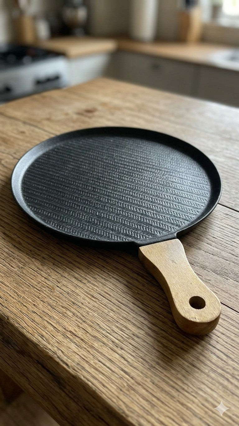 Round Bakeware Serving Dish with Natural Wood Handle