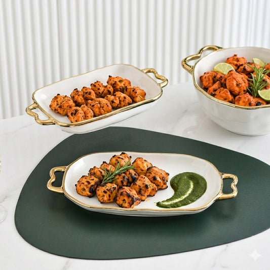 Ivory Ceramic Bake & Serve Platters with Golden Accents