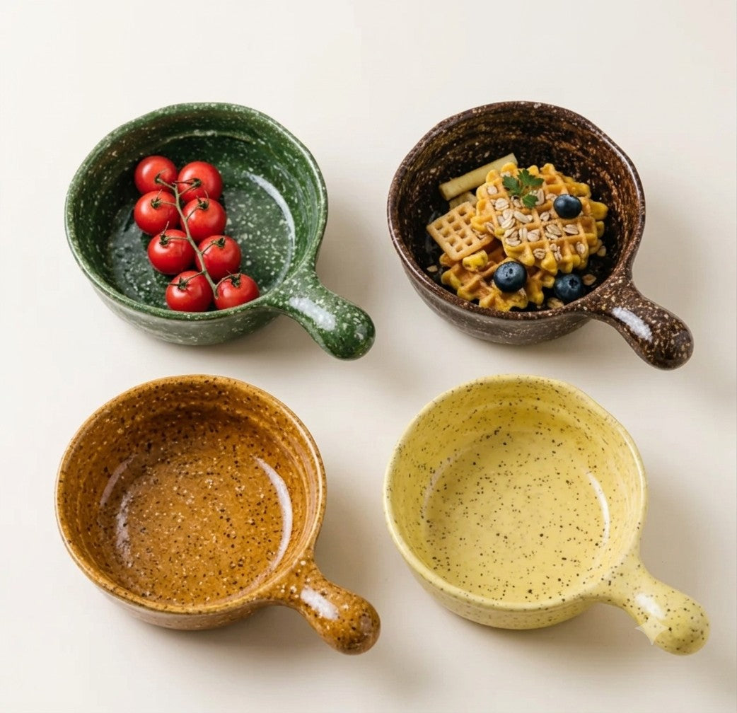 Artisanal Speckled Ceramic Bowls with Handles – Set of 4