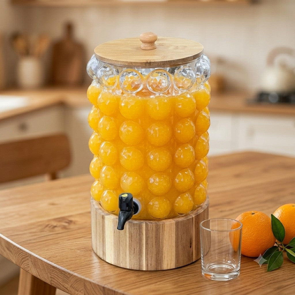 Elegant Glass Beverage Dispenser with Wooden Stand