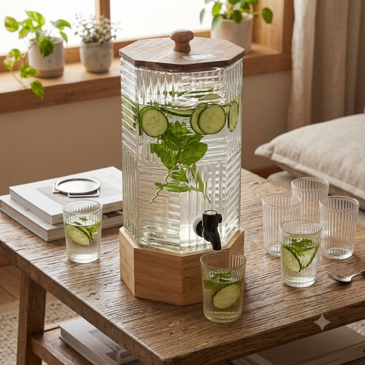 Elegant Glass Beverage Dispenser with Wooden Stand