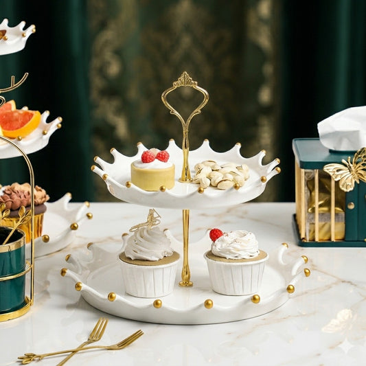 Elegant Two-Tier Porcelain Cake Stand with Iron Accents